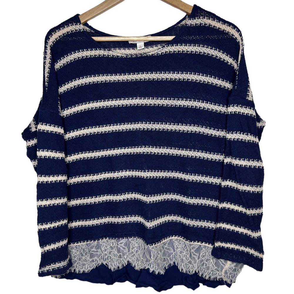 Dress Barn Lightweight Knit Striped Pullover Sweater w/ Lace Navy Size Large